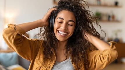 Women in investing audio content empowers through financial education. A joyful woman with curly hair enjoys music, smiling with closed eyes