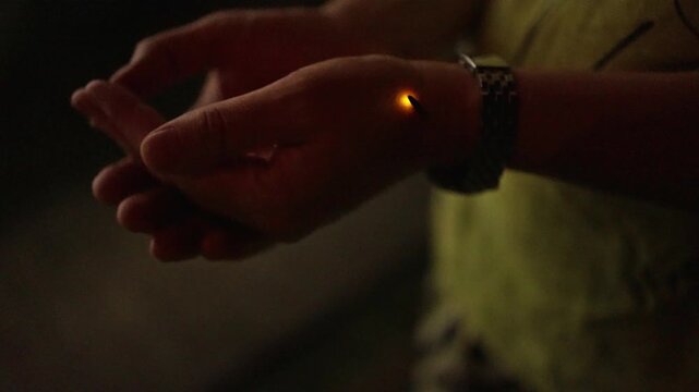 A woman's hands with a firefly insect walking on them. Summer, fireflies, nature, endangered insects.