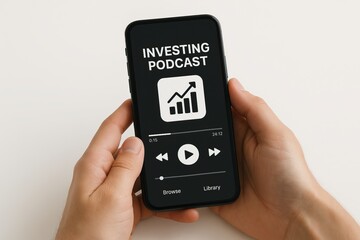 Women in investing audio content empowers through financial education. A person holds a smartphone displaying an investing podcast