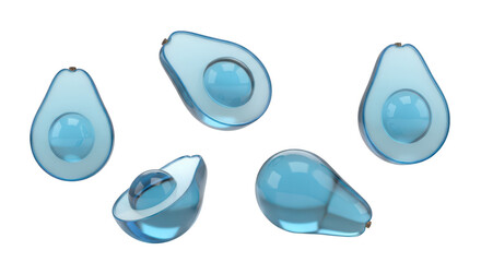 3D renderings of blue glass avocados are displayed against a white backdrop showcasing healthy food concepts or abstract design elements