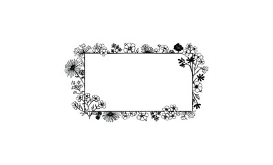 Black and white floral border frame with hand-drawn flowers. Vector retro hand drawn illustration