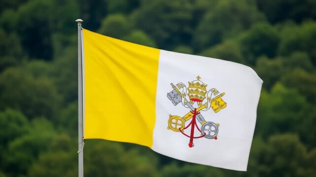 Vatican City Flag in Motion - A close-up view of the Vatican City flag waving gracefully against a blurred green backdrop.