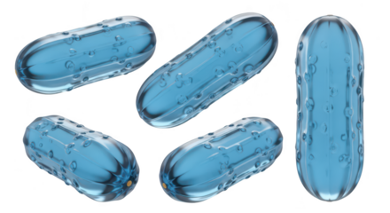 Transparent blue capsules floating against a white background possibly illustrating medical treatments or pharmaceutical concepts