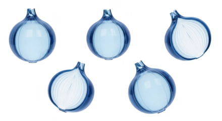 Five translucent blue onion halves and whole arranged on a white background showcasing healthy food for culinary or design applications