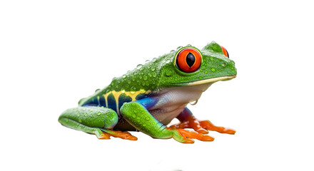 Redeyed Tree Frog on DewCovered Leaf