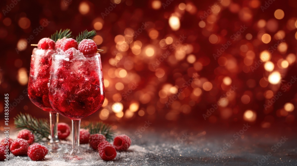 Poster A vibrant display of refreshing raspberry cocktails garnished with mint against a backdrop of shimmering bokeh lights, perfect for festive occasions and summer gatherings.