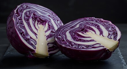 Obraz premium Halved red cabbage with a vivid purple color and inner leaf pattern in detail.