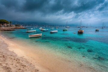 Obraz premium Turquoise water, storm clouds over a beach with small boats