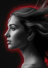 Fototapeta premium Elegant indian woman with traditional jewelry in a striking profile portrait against a dark background