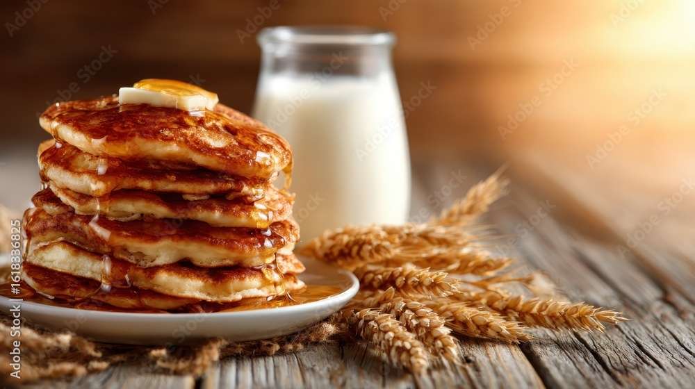 Poster this inviting image features a stack of golden pancakes topped with melting butter and dripping syru