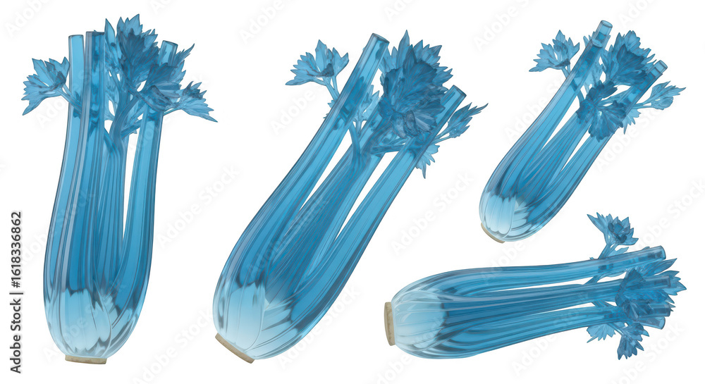 Poster blue glass celery stalks arranged on a white background creating a unique translucent display for ar