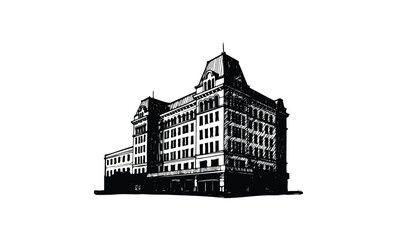 Obraz premium Historic european hotel architecture in black and white sketch. Vector retro hand drawn illustration