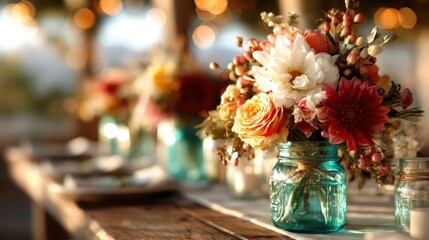 This enchanting image showcases a vivid flower arrangement in a vintage jar, beautifully capturing the essence of nature's beauty and bringing warmth to any space or occasion.