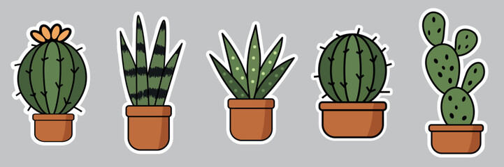 Collection of stylized cactus and succulent plants in terracotta pots. Suitable for stickers, icons, or graphic elements related to desert plants, houseplants, gardening, or botanical themes