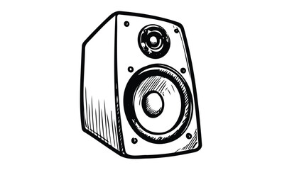 Black and white sketch of a detailed speaker with woofer and tweeter. Vector retro hand drawn illustration