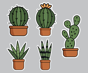 Collection of cute stylized cactus and succulent plants in terracotta pots. Suitable for stickers, icons, or graphic elements related to desert plants, houseplants, gardening, or botanical themes