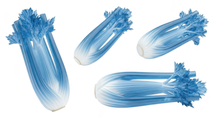 Blue celery stalks arranged on a white surface showcasing a surreal food concept for creative design