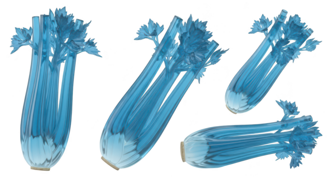 Blue glass celery stalks arranged on a white background creating a unique translucent display for artistic or conceptual food imagery