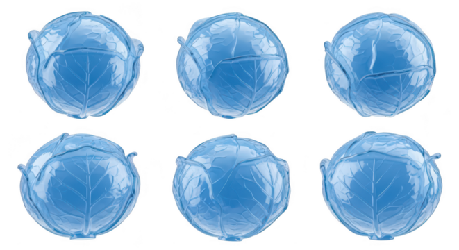 Blue cabbages multiple views floating on a white backdrop for culinary health or artistic concepts