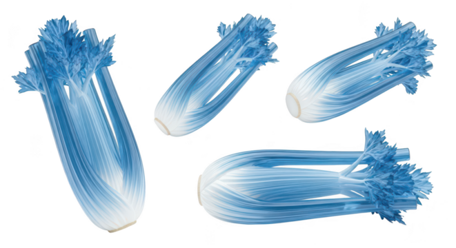 Blue celery stalks arranged on a white surface showcasing a surreal food concept for creative design