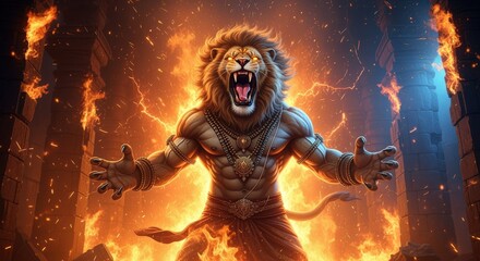 A fierce lionman hybrid roars amidst flames, embodying raw power, untamed rage, and mythical strength
