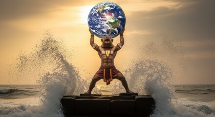 The narasimha avatar of vishnu holds the earth aloft amidst crashing waves at sunset, symbolizing divine strength