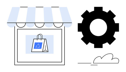 Storefront with striped awning and bag featuring recycling logo next to gear and cloud. Ideal for sustainability, retail, e-commerce, shopping, environmental ideas, processes, eco-products. Simple