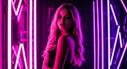 Stylish woman in neon-lit room with vibrant pink and purple lights.