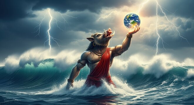 Varaha, the boar avatar of vishnu, rises from the stormy ocean holding the earth