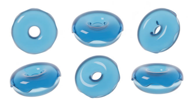 Six clear blue jelly donuts floating and rotating on a white background showcasing shapes likely for food or design concepts