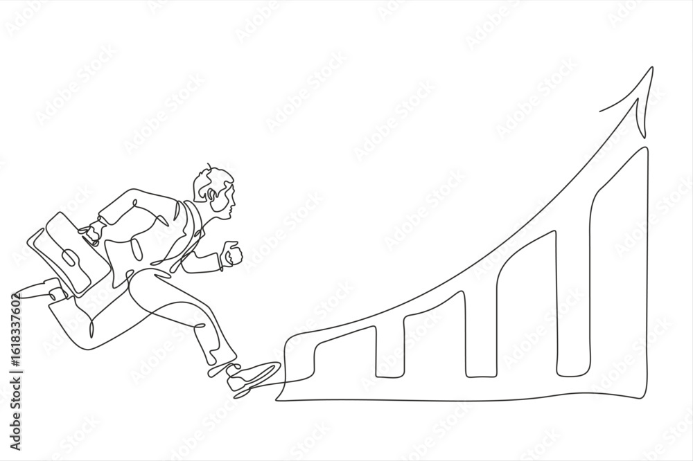 Poster continuous one single line drawing young business man running on the rising graph icon vector illust