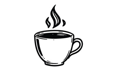Monochrome line art of steaming coffee cup with handle. Vector retro hand drawn illustration