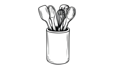 Black and white sketch of kitchen utensil holder with spatulas, whisk, and spoons. Vector retro hand drawn illustration