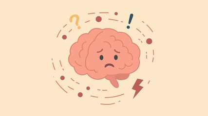 Overwhelmed Brain with Tasks and To-Dos. Flat design Animation of a cartoon brain with a worried face, surrounded by chaotic symbols like a question mark, exclamation point, and lightning bolt. - Powered by Adobe