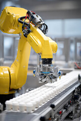 A yellow industrial robot arm automates placing white cups on a conveyor belt in a manufacturing or packaging facility.