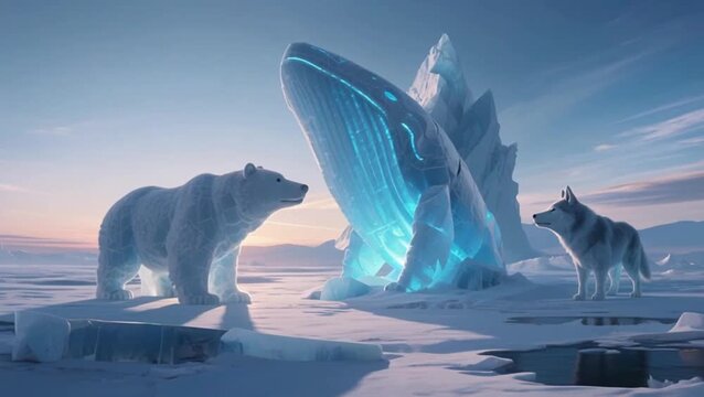 Polar bear, wolf and ice whale face warming arctic sunrise, a surreal landscape unfolds for climate change