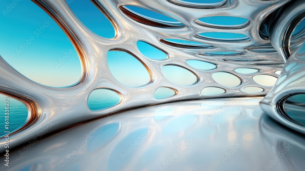 Poster an abstract view of futuristic organic architecture featuring fluid shapes and a serene ambiance, bl