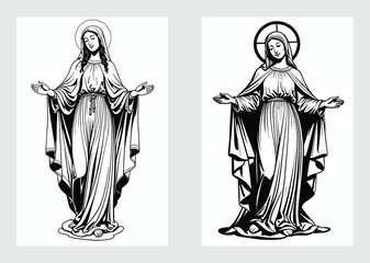 Holy Virgin Mary standing in prayer with open arms and divine expression