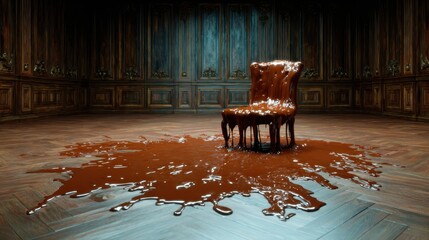 A surreal image of a chair seemingly melting into a pool of chocolate, exploring themes of excess, temptation, and the interplay between comfort and indulgence.