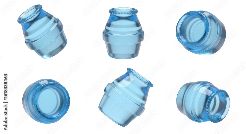 Poster set of transparent water bottles in various angles against a clean white backdrop ideal for product 