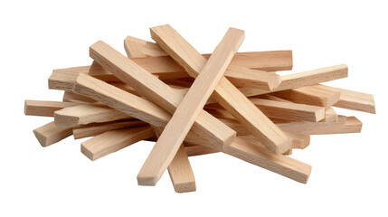 Bundle of wood shims, thin tapered wood pieces, light natural wood, isolated on Transparent background