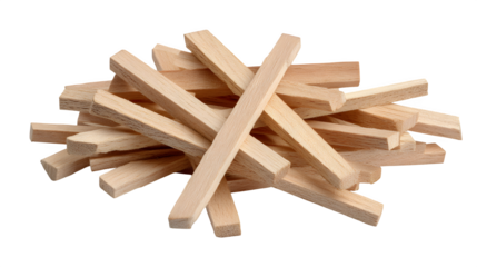 Bundle of wood shims, thin tapered wood pieces, light natural wood, isolated on Transparent background