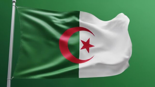 Algerian Flag Waving Against a Green Background - The video showcases the Algerian flag fluttering in the wind, prominently displaying its distinctive green, white, and red colors.