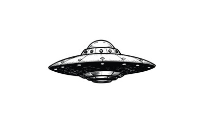 Vintage ufo sketch: detailed black and white flying saucer illustration. Vector retro hand drawn illustration