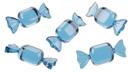 3D-rendered blue candies are scattered isolated on a white background for graphic design or illustrations sweet food visuals