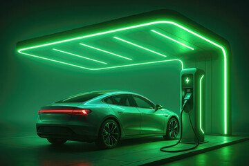 Electric vehicle charging station at night with vibrant neon lights illuminating a sleek car