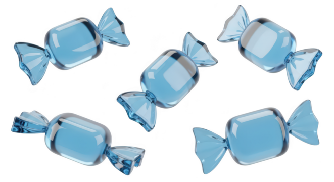 3D-rendered blue candies are scattered isolated on a white background for graphic design or illustrations sweet food visuals