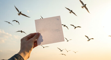 Blank piece of paper held aloft, surrounded by birds in flight.