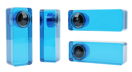 Transparent blue camera models showcase perspective angles against a white backdrop ideal for tech product and advertising visuals