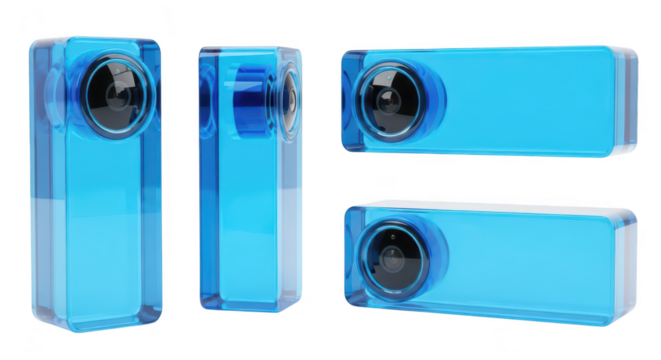 Transparent blue camera models showcase perspective angles against a white backdrop ideal for tech product and advertising visuals